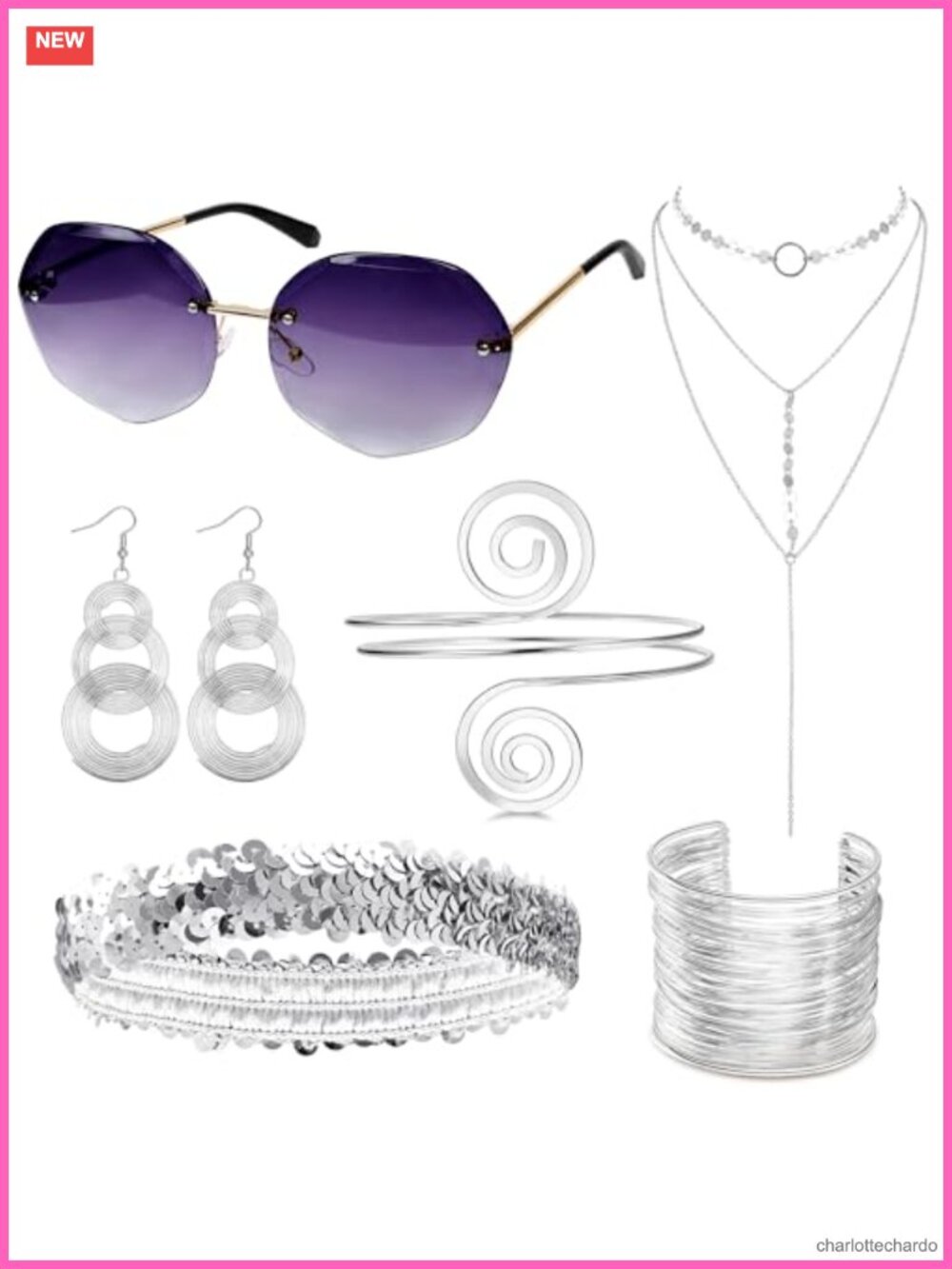 6 Piece 70s Disco Accessories Set Women Metal Sunglasses Jewelry Halloween